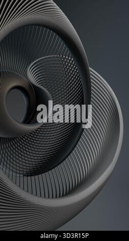 An abstract illustration featuring dark, futuristic parametric shapes. The design includes minimal geometric bands and threads, creating a creative gr Stock Photo
