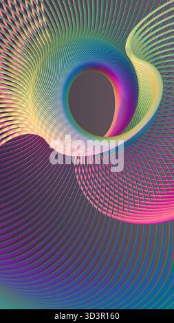 Abstract illustration featuring a futuristic parametric design in vibrant colors, showcasing intertwined geometric bands and threads on a black backgr Stock Photo
