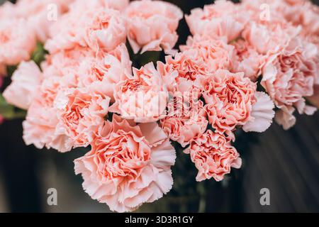 A stunning bouquet of pink carnations is elegantly displayed in a flower shop, showcasing their delicate petals and soft color. Perfect for adding a t Stock Photo