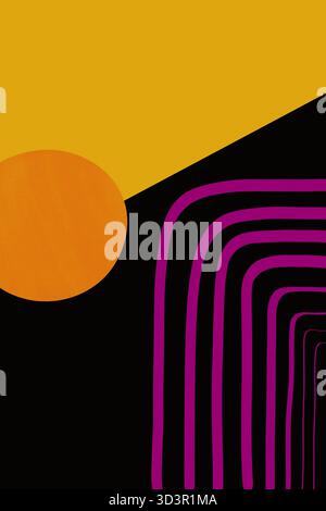 Illustration showcasing vibrant geometric shapes with bold patterns on a black background. A striking orange circle balances with curved purple lines Stock Photo