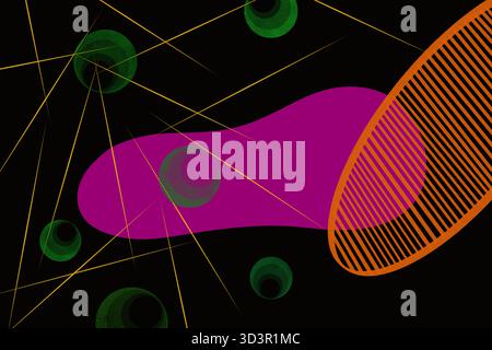 This illustration features striking geometric forms on a black background with vivid purple, green, and orange elements. Thin golden lines add depth a Stock Photo