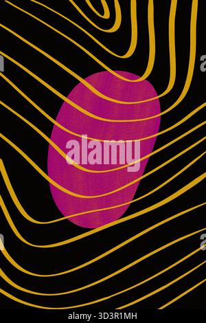 A vibrant illustration showcasing geometric patterns with bold colors on a black background. The design features flowing, wavy lines intersecting a ce Stock Photo