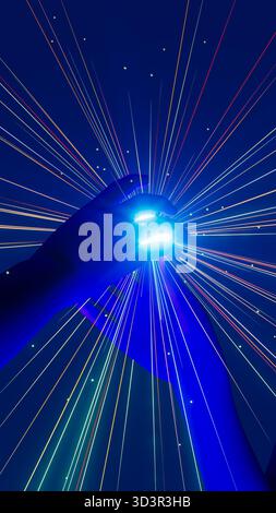 Two humans interact with a glowing sphere of light that signifies energy, technology, and artificial intelligence in a dark background. Stock Photo