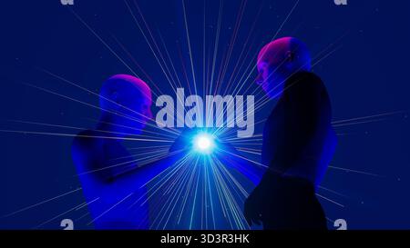 Two humans connect through a sphere of light, symbolizing energy, technology, and artificial intelligence in a dynamic setting. Stock Photo