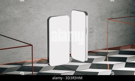 A sleek mobile device rests against a wall in a modern space, showcasing its minimalist design on a geometric floor pattern. Stock Photo