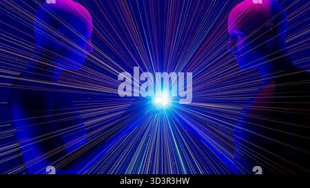 Two humans connect through a sphere of light, symbolizing energy, technology, and artificial intelligence in a dynamic setting. Stock Photo