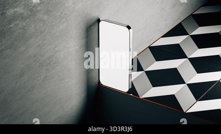 A sleek mobile device rests against a wall in a modern space, showcasing its minimalist design on a geometric floor pattern. Stock Photo
