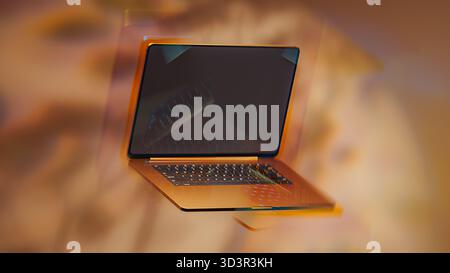 A sleek laptop showcases modern features through creative lens distortion, presenting a stunning visual display of its design. Stock Photo