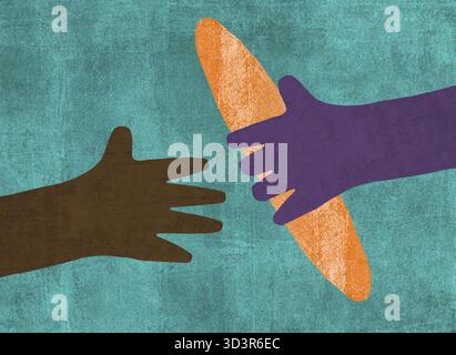 An illustration depicting two hands exchanging a loaf of bread, symbolizing solidarity and support. The artwork conveys themes of peace, cooperation, Stock Photo