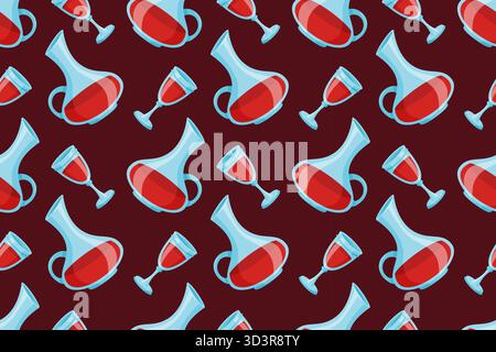 Seamless pattern with decanters or carafes and stemmed wine glasses filled with red wine. Flat vector design perfect for bar menus, textiles, backgrounds, and beverage themes. Vector illustration Stock Vector