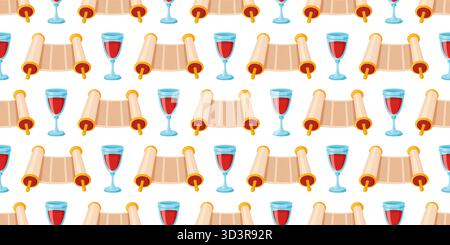 Seamless pattern rolled scrolls Torahs and wine glasses with red wine. Flat vector design perfect for Jewish holiday backgrounds, textiles, and religious themes. Vector illustration Stock Vector