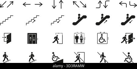 Directional And Accessibility Solid Icon Set. Navigation, Movement and Accessibility Guidance Silhouette Symbol Collection. Includes Arrows, Stairs Stock Vector