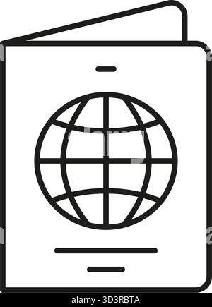 Passport With Globe Icon. International Travel, Identity Verification, And Global Citizenship Outline Symbol. Immigration And Visa Application Stock Vector
