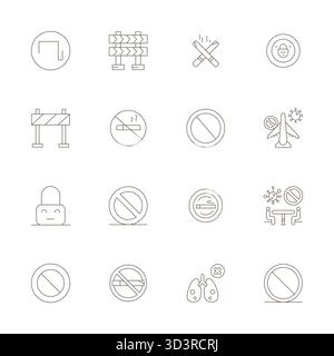 This collection features 16 Thin Line Display Perfect vector icons tailored to the Restricted Area theme, optimized in High Resolution format for digi Stock Vector