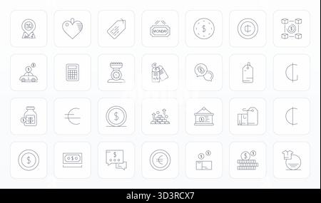 This set of 28 Thin Line vector icons captures Price themes in 64x64 Pixel Optimized quality, perfect for tech and business applications. Stock Vector