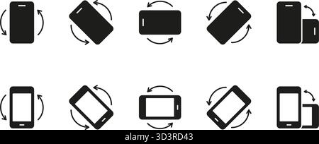 Smartphone Rotation And Orientation Solid Icon Set. Device Screen Rotation, Landscape And Portrait Mode Silhouette Symbol Collection. Mobile Interface Stock Vector