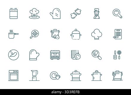 Innovative pack of 24 vector icons themed around Cookware, showcasing Bold Line design in 256x256 Pixel Aligned format for modern digital solutions. Stock Vector