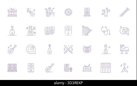 Collection of 28 Thin Line Editable vector icons for Acoustic, designed in Retina Ready format for clarity and versatility. Stock Vector