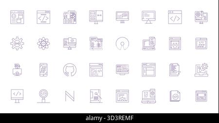 A dynamic set of 32 vector icons in Thin Line, tailored for Coding with 128x128 PIXEL Perfect quality suited for digital products. Stock Vector