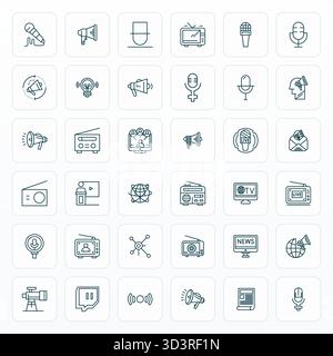 Contemporary collection of 36 vector icons representing Broadcast in Bold Line aesthetic, featuring High Resolution Display Perfect resolution for mod Stock Vector
