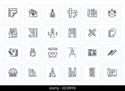 Unlock 24 Bold Line PIXEL Perfect vector icons inspired by Drafting Tools, optimized in 64x64 format for flawless display across all devices. Stock Vector
