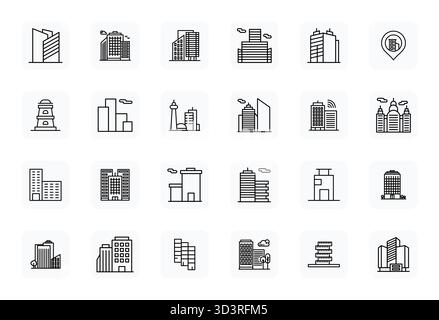 Explore 24 Regular Bold Outline Editable vector icons in 128x128 resolution inspired by Skyscraper. Perfect for web and app interfaces. Stock Vector
