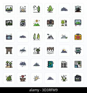 Meticulously crafted 36 Filled Line vector icons for Landscape, delivered in High Resolution Pixel Aligned quality for uncompromising design standards Stock Vector