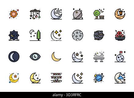 Explore 24 Flat Line Filled PIXEL Perfect vector icons in 256x256 resolution inspired by Moon. Perfect for web and app interfaces. Stock Vector