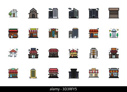 Professional-grade collection of 24 Flat Line Filled vector icons representing Building Exterior, crafted with 64x64 Grid Fitted precision for enterpr Stock Vector