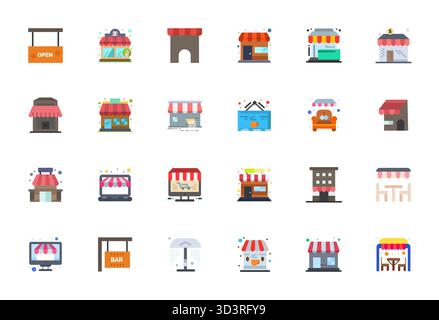 Innovative pack of 24 vector icons themed around Awning, showcasing Flat design in 128x128 Pixel Optimized format for modern digital solutions. Stock Vector