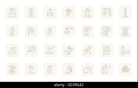 Contemporary collection of 28 vector icons representing Spray in Thin Outline aesthetic, featuring 128x128 Pixel Aligned resolution for modern applica Stock Vector