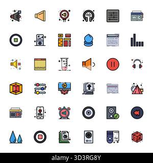 Streamlined set of 36 vector icons for Volume in Line Filled aesthetic, featuring High Resolution Display Perfect resolution for seamless user experie Stock Vector