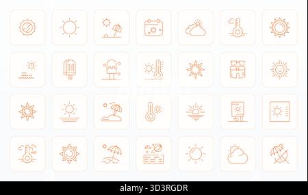 Industry-leading pack of 28 Thin Line Editable vector icons for Hot Weather, sized at 64x64 for optimal rendering and user interface excellence. Stock Vector