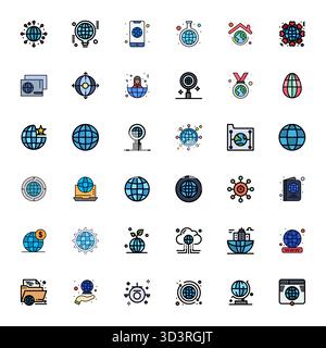 Download 36 scalable Flat Line Filled vector icons designed for Globalization, featuring Pixel Aligned High Resolution resolution suitable for profess Stock Vector