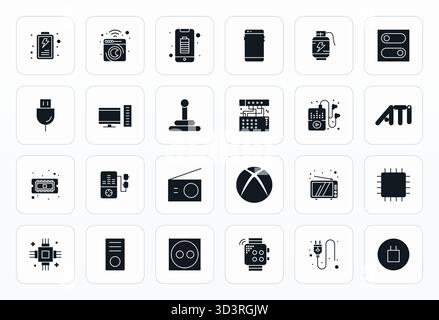 Revolutionary set of 24 PIXEL Perfect vector icons inspired by Electronics, created in Glyph format at 128x128 resolution for cutting-edge design. Stock Vector