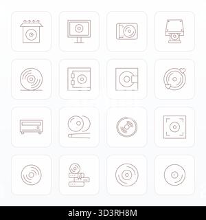 Professional-grade collection of 16 Thin Line vector icons representing Cd, crafted with 64x64 Pixel Aligned precision for enterprise applications. Stock Vector