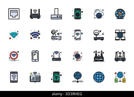 A versatile set of 24 Flat Line Filled Display Perfect vector icons focused on Internet Access, delivered in crisp High Resolution format ideal for mo Stock Vector