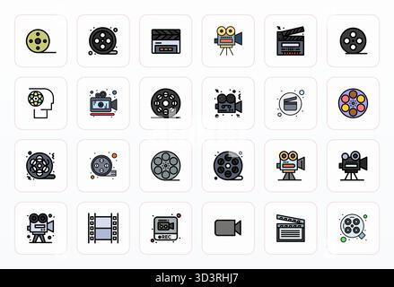 State-of-the-art bundle featuring 24 Pixel Optimized vector icons inspired by Moviemaking, created in Filled Line format at High Resolution for next-g Stock Vector