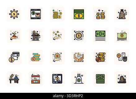 Refined bundle featuring 24 LineFilled vector icons for Dollars, optimized with 64x64 Editable quality for elegant and functional design solutions. Stock Vector
