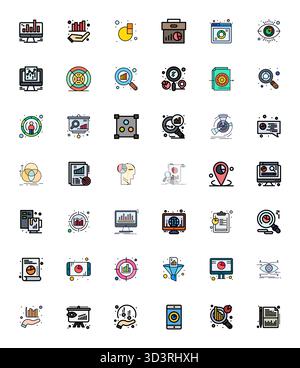 Collection of 42 Flat Line Filled Display Perfect vector icons for Business Intelligence, designed in 256x256 format for clarity and versatility. Stock Vector