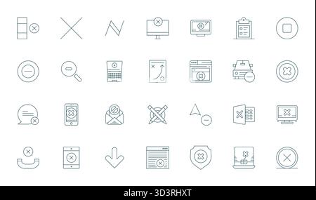 Set of 28 Thin Line Pixel Aligned vector icons themed around Reject, crafted in 128x128 resolution for seamless integration in apps and websites. Stock Vector