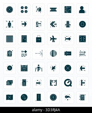 Handcrafted collection featuring 42 Glyph vector icons for Exit, optimized in Retina Ready PIXEL Perfect resolution for premium digital experiences. Stock Vector