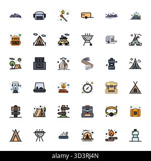 Future-ready pack of 36 vector icons themed around Camping, showcasing Flat Line Filled design with Retina Ready PIXEL Perfect clarity for innovative Stock Vector