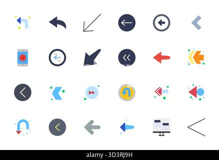 Exceptional collection of 24 Flat vector icons for Previous Page, delivered in High Resolution Editable resolution for unparalleled visual excellence Stock Vector