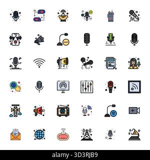 A dynamic set of 36 vector icons in Flat Line Filled, tailored for Broadcasting with High Resolution Grid Fitted quality suited for digital products. Stock Vector
