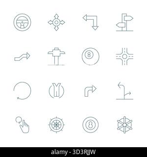 Collection of 16 Thin Line Grid Fitted vector icons for Turn, designed in 128x128 format for clarity and versatility. Stock Vector