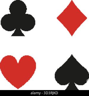 Playing Card Suits Pixel Art Icon Set. Clubs, Diamonds, Hearts, And Spades Symbol Collection. Retro Gaming Style. Isolated Vector Illustration Stock Vector
