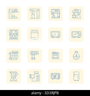 High-performance collection of 16 Thin Outline vector icons for Kitchen Appliance, engineered with 256x256 PIXEL Perfect resolution for optimal user i Stock Vector