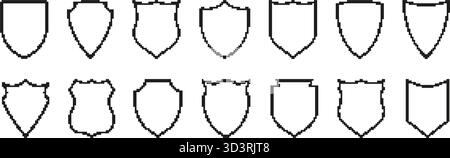 Pixel Art Shield Icon Set. Medieval Heraldry And Protection Symbol Collection. Various Shield Designs For Security And Defense Themes. Isolated Vector Stock Vector