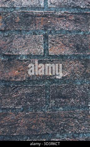 Old weathered brick wall with dark texture and blue stains Stock Photo